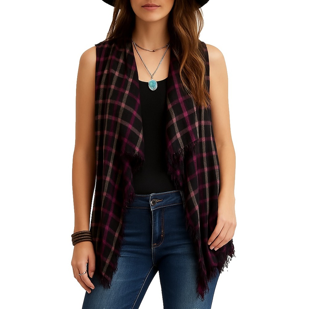 Womens One Size Black Purple Plaid Fringe Open Front Vest Boho Grunge Festival